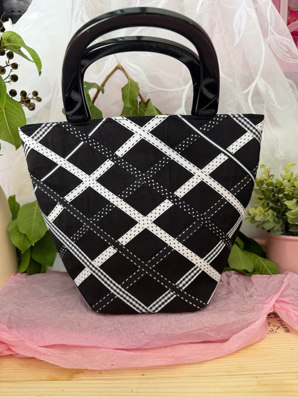 Talbots Black and White Plaid Small Tote with Glossy Handles